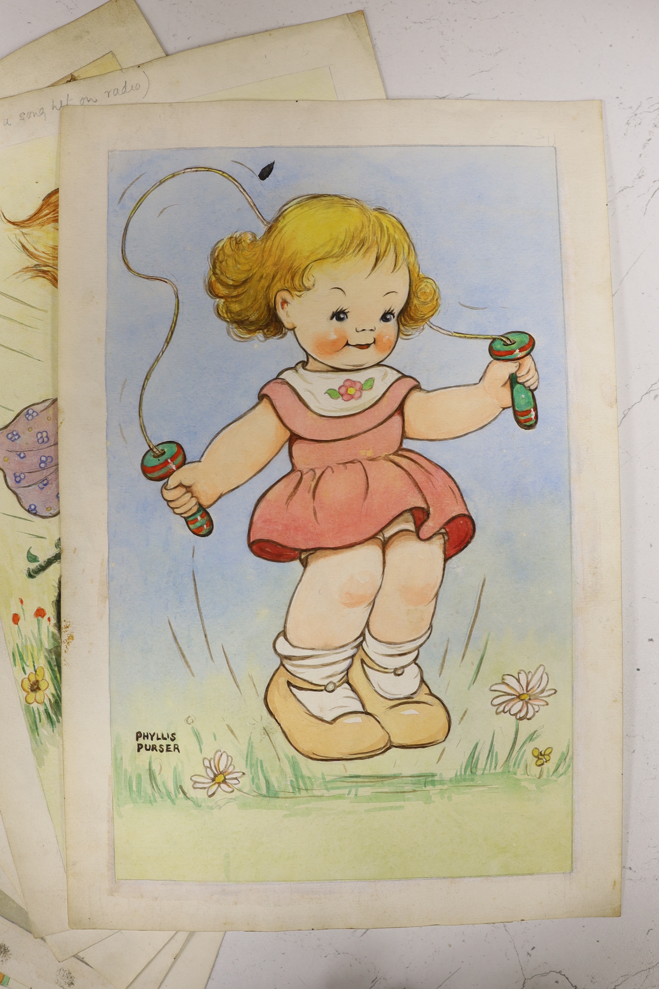Phyllis Purser (1893-1990), set of six 1940/50’s original watercolour postcard designs, Humorous children, ‘Keep Fit Series’, each signed, 33 x 22cm, unframed (6)